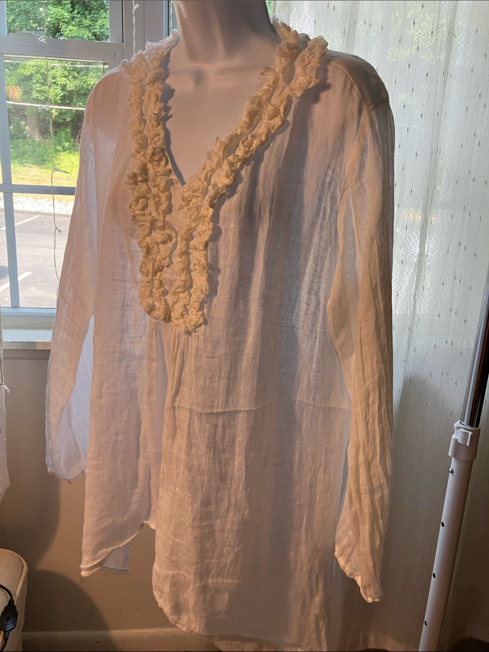 Women's White 100% Linen Ruffle V-Neck Tunic Top